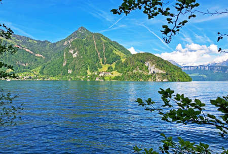 View of the Lake Luzerne or VierwaldstÃ¤ttersee (Vierwaldstaettersee oder Vierwaldsattersee) from the BÃ¼rgenberg mountain, ObbÃ¼rgen (Obburgen or Obbuergen) - Canton of Nidwalden, Switzerlandの写真素材