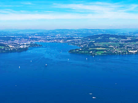 View of the Lake Luzerne or VierwaldstÃ¤ttersee (Vierwaldstaettersee oder Vierwaldsattersee) from the BÃ¼rgenberg mountain, ObbÃ¼rgen (Obburgen or Obbuergen) - Canton of Nidwalden, Switzerlandの写真素材