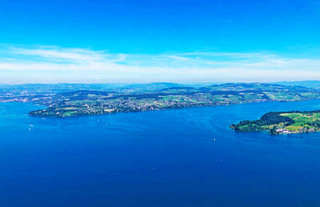 View of the Lake Luzerne or VierwaldstÃ¤ttersee (Vierwaldstaettersee oder Vierwaldsattersee) from the BÃ¼rgenberg mountain, ObbÃ¼rgen (Obburgen or Obbuergen) - Canton of Nidwalden, Switzerlandの写真素材