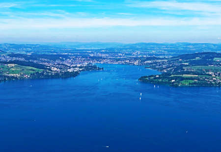 View of the Lake Luzerne or VierwaldstÃ¤ttersee (Vierwaldstaettersee oder Vierwaldsattersee) from the BÃ¼rgenberg mountain, ObbÃ¼rgen (Obburgen or Obbuergen) - Canton of Nidwalden, Switzerlandの写真素材