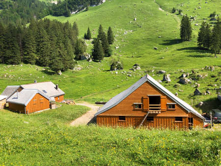 Rural traditional architecture with livestock farms in the Appenzellerland region and on the Alpstein mountain range - Canton of Appenzell Innerrhoden (AI), Switzerlandの写真素材