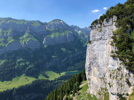 FÃ¼essler cliff or FÃ¼essler-Felsen (Fueessler-Felsen or Fuessler-Felsen) on the Ebenalp alpine hill and in the Appenzellerland region - Canton of Appenzell Innerrhoden (AI), Switzerlandの写真素材
