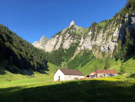 Traditional architecture and farmhouse in the valley of WÃ¤gital or Waegital and by the alpine Lake WÃ¤gitalersee (Waegitalersee or Wagitalersee), Innerthal - Canton of Schwyz, Switzerland (Schweiz)の写真素材