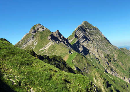 BrÃ¼nnelistock or Bruennelistock and Rossalpelispitz Mountains above the valley WÃ¤gital and...