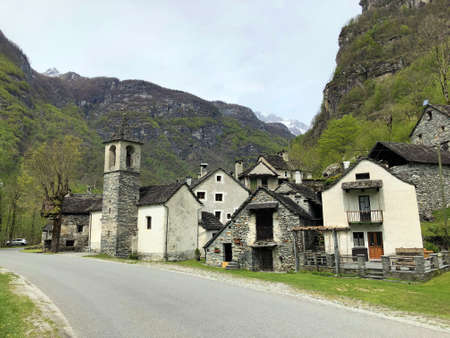 Traditional architecture and old houses in the hamlet of Ritorto (The Bavona Valley or Valle Bavona, Val Bavona or Das Bavonatal) - Canton of Ticino, Switzerlandのeditorial素材