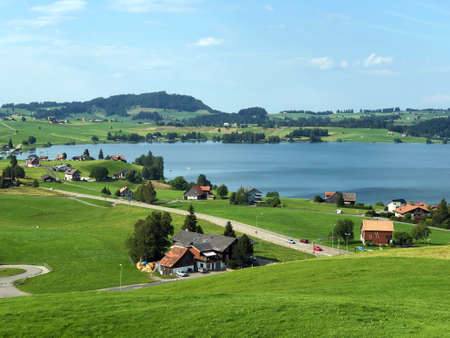 Beautiful artificial lake Sihlsee or Stausee Sihlsee, Gross - Canton of Schwyz, Switzerland (Kanton Schwyz, Schweiz)の写真素材