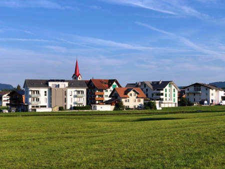 Village Willerzell on the shore of artificial lake Sihlsee - Canton of Schwyz, Switzerland (Kanton Schwyz, Schweiz)の写真素材