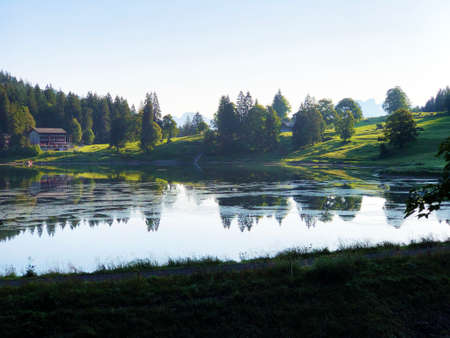 Alpine lake Obersee in the Glarus Alps mountain massif and in the Glarnerland tourist region, Nafels (NÃ¤fels or Naefels) - Canton of Glarus, Switzerlandの写真素材