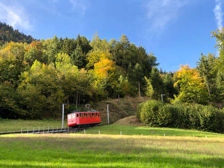 Cogwheel railway AlpnachstadâPilatus Kulm (The steepest cogwheel railway in the world) or Zahnradbahn Pilatus Kulm-Alpnachstad (die steilste Zahnradbahn der Welt in Zahlen) - Switzerlandの写真素材