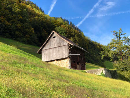 Traditional architecture and farmhouses on the slopes of the Lake Lucerne or Vierwaldstaetersee lake (Vierwaldstattersee) and Alpnachersee Lake, Alpnach - Canton of Obwalden, Switzerlandの写真素材