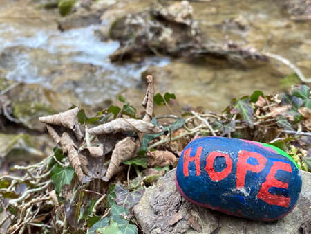 Colored stone with an inspiring message in times of fear and panic triggered by a sudden coronavirus pandemic - Switzerland (Schweiz)の写真素材