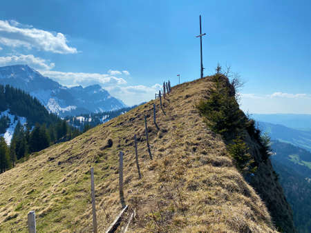 Alpine mountain hill RÃ¤genflÃ¼eli (Raegeflueeli oder Ragenflueli) or RegenflÃ¼eli (Regenflueli) over the Eigental valley, Eigenthal - Canton of Lucerne, Switzerland (Kanton Luzern, Schweiz)の写真素材