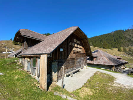 Traditional rural architecture and family livestock farms in the Eigental valley, Eigenthal - Canton of Lucerne, Switzerland (Kanton Luzern, Schweiz)の写真素材