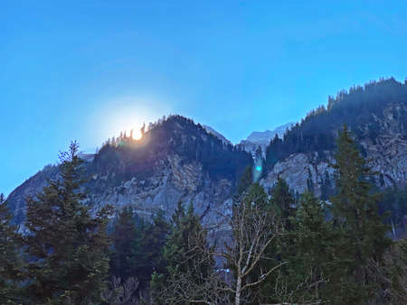 View of the sky and sun through the branches of trees in early spring from the Eigental alpine valley, Eigenthal - Canton of Lucerne, Switzerland (Kanton Luzern, Schweiz)の写真素材