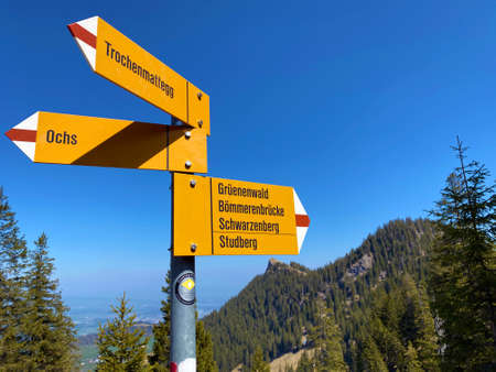 Mountaineering signposts and markings on the hills over the Eigental alpine valley and in central Switzerland, Eigenthal - Canton of Lucerne, Switzerland (Kanton Luzern, Schweiz)の写真素材