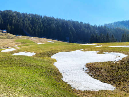 The early spring atmosphere and the last remnants of winter in the Alptal alpine valley, Einsiedeln - Canton of Schwyz, Switzerland (Kanton Schwyz, Schweiz)の写真素材