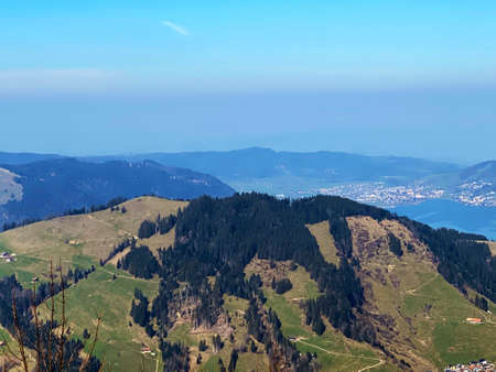 Alpine mountain hill NÃ¼sellstock (Nuesellstock or Nusellstock) over the Alptal valley, Einsiedeln - Canton of Schwyz, Switzerland (Kanton Schwyz, Schweiz)の写真素材