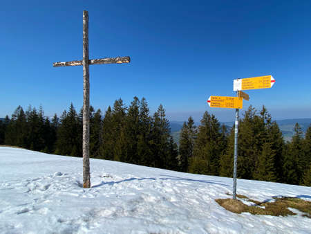 Christian crucifix on the hills and lookouts over the Alptal alpine valley, Einsiedeln - Canton of Schwyz, Switzerland (Kanton Schwyz, Schweiz)の写真素材