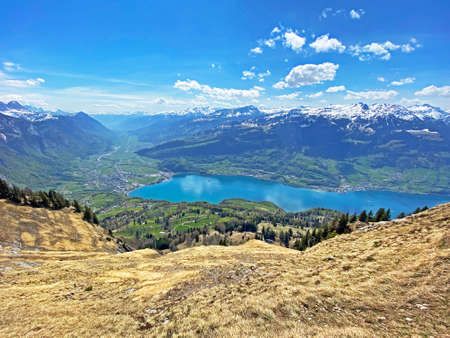 Subalpine valley Seeztal and lake Walensee, between the mountain ranges of Churfirsten and Glarus...