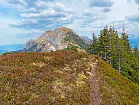 Trails for walking, hiking, sports and recreation on the slopes of the Pilatus massif and in the alpine valleys at the foot of the mountain, Alpnach - Canton of Obwalden, Switzerland (Schweiz)の写真素材