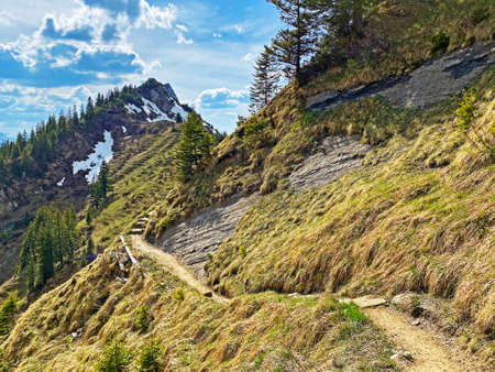 Trails for walking, hiking, sports and recreation on the slopes of the Pilatus massif and in the alpine valleys at the foot of the mountain, Alpnach - Canton of Obwalden, Switzerland (Schweiz)の写真素材
