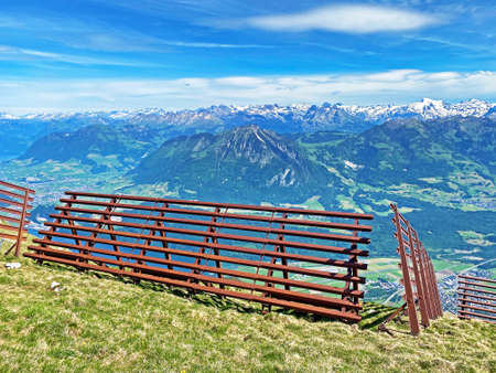 Metal structures for protection against avalanches on Mount Matthorn in the Pilatus mountain massif, Alpnach - Canton of Obwalden, Switzerland (Kanton Obwald, Schweiz)の写真素材