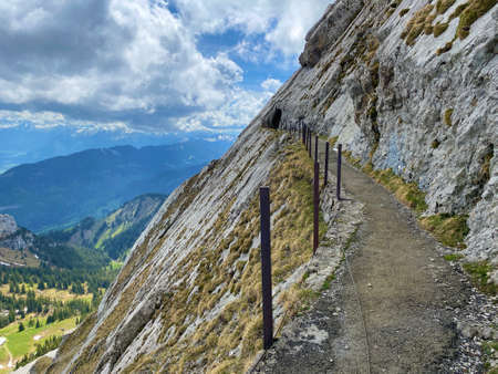 Trails for walking, hiking, sports and recreation on the slopes of the Pilatus massif and in the alpine valleys at the foot of the mountain, Alpnach - Canton of Obwalden, Switzerland (Schweiz)の写真素材