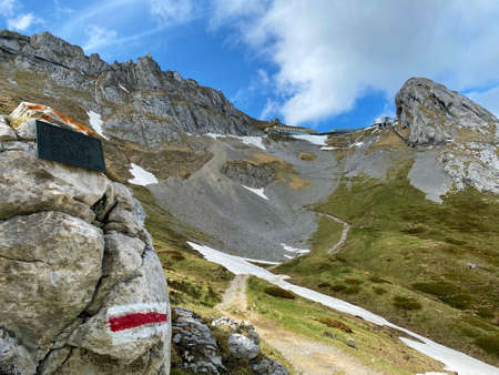 Mountaineering signposts and markings on peaks and slopes of the Pilatus mountain range and in the Emmental Alps, Alpnach - Canton of Obwalden, Switzerland (Kanton Obwald, Schweiz)の写真素材