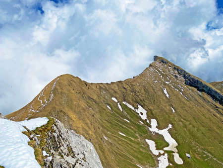 Alpine peaks of Tomlishorn and Oberhaupt in the Swiss mountain range of Pilatus and in the Emmental Alps, Alpnach - Canton of Obwalden, Switzerland (Kanton Obwald, Schweiz)の写真素材