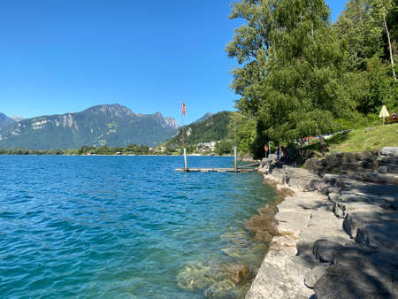 Lake Walensee, between the mountain ranges of Churfirsten and Seeztal subalpine valley, Weesen - Canton of St. Gallen, Switzerland (Kanton St. Gallen, Schweiz)のeditorial素材