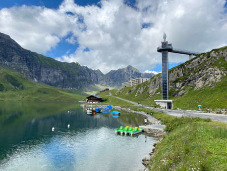 Panorama lift of the lake Melchsee or Panoramalift auf Melchsee-Frutt, Melchtal - Canton of Obwalden, Switzerland (Kanton Obwald, Schweiz)の写真素材