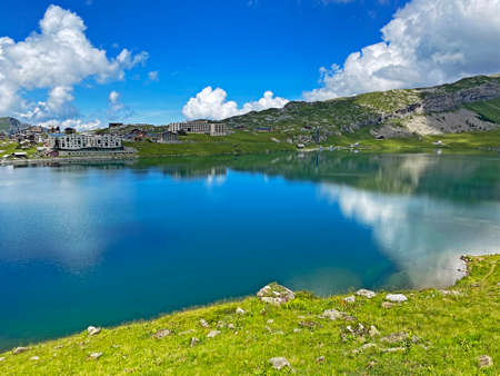Summer and winter sports and recreational resort Melchsee-Frutt on the shores of Lake Melchsee, Kerns - Canton of Obwalden, Switzerland (Kanton Obwald, Schweiz)の写真素材