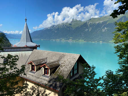 Grand Hotel Giessbach above Lake Brienz and next to the waterfall Giesbach Falls - Canton of Bern, Switzerland / Grandhotel Giessbach oberhalb des Brienzersees und neben den GiessbachfÃ¤lle - Schweizのeditorial素材