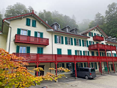 Historic and outbuildings next to the Grand Hotel Giessbach above Lake Brienz (Brienzersee) - Canton of Bern, Switzerland (Kanton Bern, Schweiz)のeditorial素材