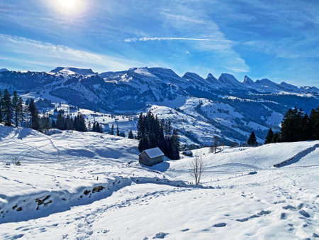 Winter alpine snow peaks of the Churfirsten mountain range between Lake Walenstadt or Lake Walen (Walensee) and the Thur river valley, Unterwasser - Canton of St. Gallen, Switzerland (Schweiz)の写真素材