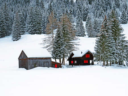 Idyllic Swiss alpine mountain huts and traditional Swiss rural architecture dressed in winter...