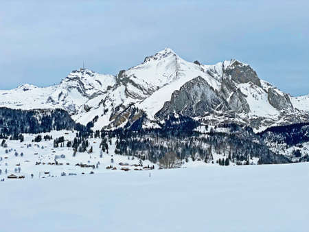 White snow caps on the alpine peaks SÃ¤ntis (Santis or Saentis), Wildhuser Schofberg and Moor in...