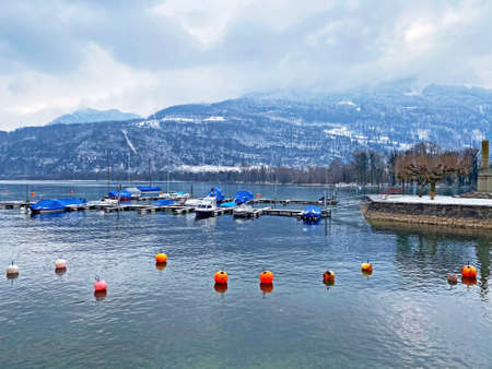 Port for boats and small yachts on Lake Walen or Lake Walenstadt (Walensee) in Weesen settlement - Canton of St. Gallen, Switzerland (Kanton St. Gallen, Schweiz)の写真素材