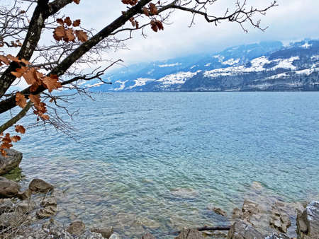 Winter atmosphere of the Flyhorn beach on the lake Walen or Lake Walenstadt (Walensee) or Strandbad Flyhorn, Weesen - Canton of St. Gallen, Switzerland (Kanton St. Gallen, Schweiz)の写真素材
