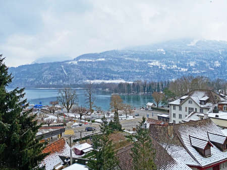 View from the Chapfenberg hill on the subalpine settlement of Weesen and Lake Walen or Lake...