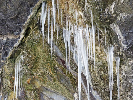 Winter glaciers and frozen water formations in the Swiss Alps and along Lake Walen or Lake...