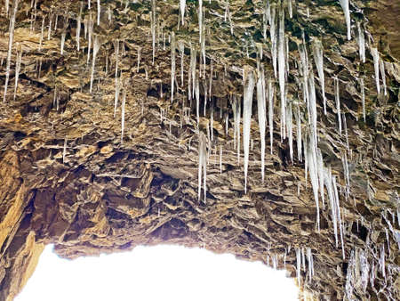 Winter glaciers and frozen water formations in the Swiss Alps and along Lake Walen or Lake...