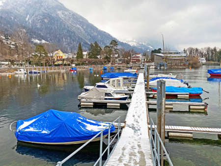 Port for boats and small yachts on Lake Walen or Lake Walenstadt (Walensee) in Weesen settlement - Canton of St. Gallen, Switzerland (Kanton St. Gallen, Schweiz)のeditorial素材