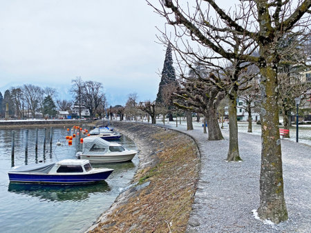 Promenade and park with trees along the shores of Swiss Lake Walenstadt (Walensee), Weesen - Canton of St. Gallen, Switzerland (Kanton St. Gallen, Schweiz)の写真素材