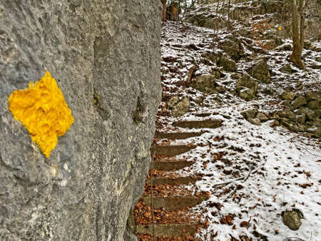 Specific trail marking for easy hiking or walking trails in valleys and subalpine Swiss areas (Wegweisung fÃ¼r die Wanderwege in der Schweiz), Weesen - Canton of St. Gallen, Switzerland (Schweiz)の写真素材