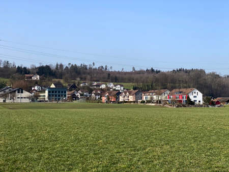 The settlement of Rottenschwil next to the natural protection zone Aargau Reuss river plain (Naturschutzzone Aargauische Auen in der Reussebene) - Switzerland (Schweiz)の写真素材