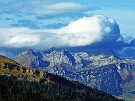 Rocky alpine peaks in the Alpstin mountain range and in the Appenzell massif, Sevelen - Canton of St. Gallen, Switzerland (Schweiz)の写真素材