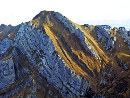 Rocky alpine peaks in the Alpstein mountain range and Appenzellerland Tourist Region, Schwende -...