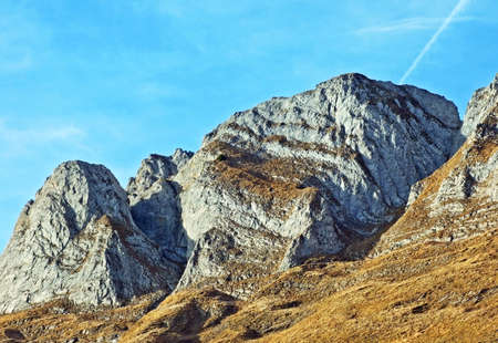 Rocky alpine peaks in the Alpstein mountain range and Appenzellerland Tourist Region, Schwende - Canton of Appenzell Innerrhoden (AI), Switzerland (Schweiz)の写真素材