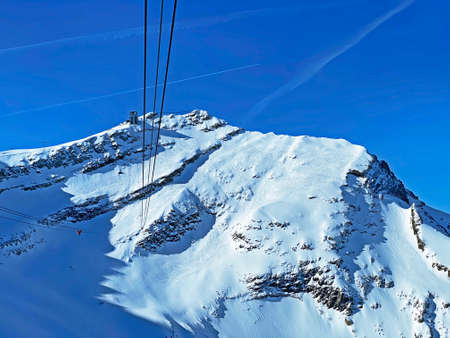 The mountain cable car Col du Pillon - Cabane - Scex Rouge (Glacier 3000 cableway) or Aerial ropeway ride (Aerial tramway), Les Diablerets - Canton of Vaud, Switzerland (Suisse)の写真素材